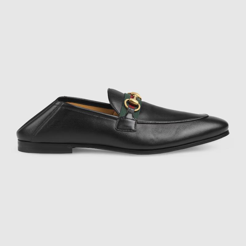 Giày Gucci Leather Horsebit Loafer With Web Nam Đen