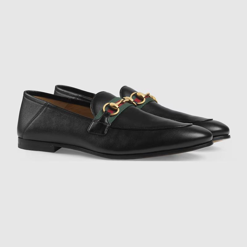 Giày Gucci Leather Horsebit Loafer With Web Nam Đen