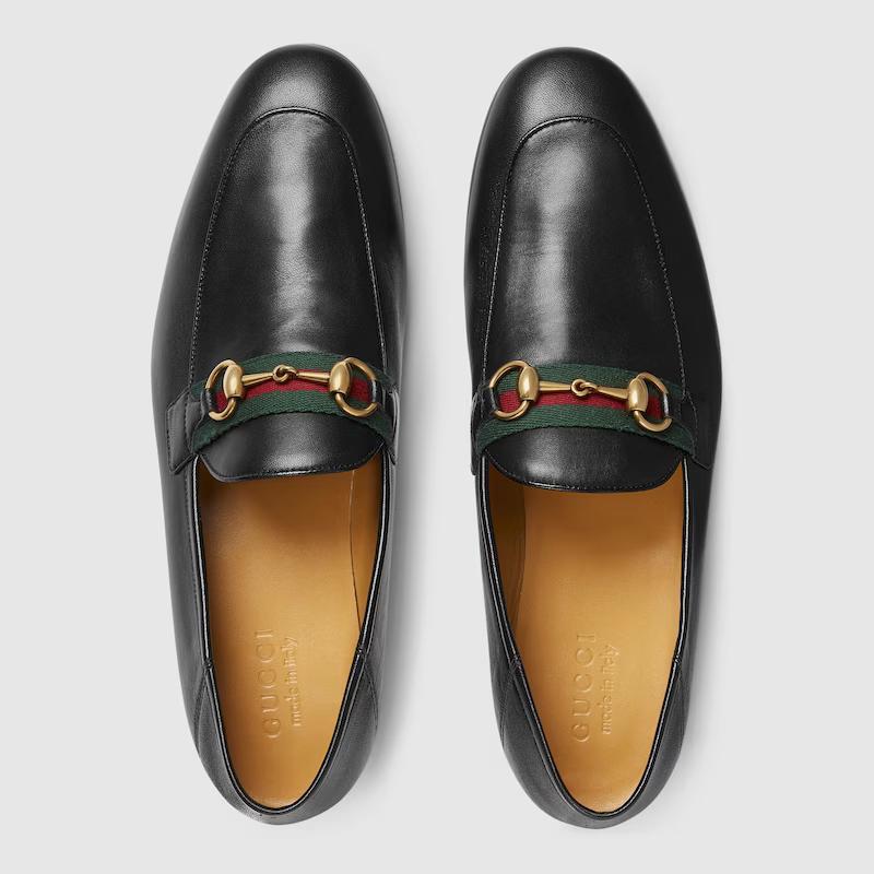 Giày Gucci Leather Horsebit Loafer With Web Nam Đen