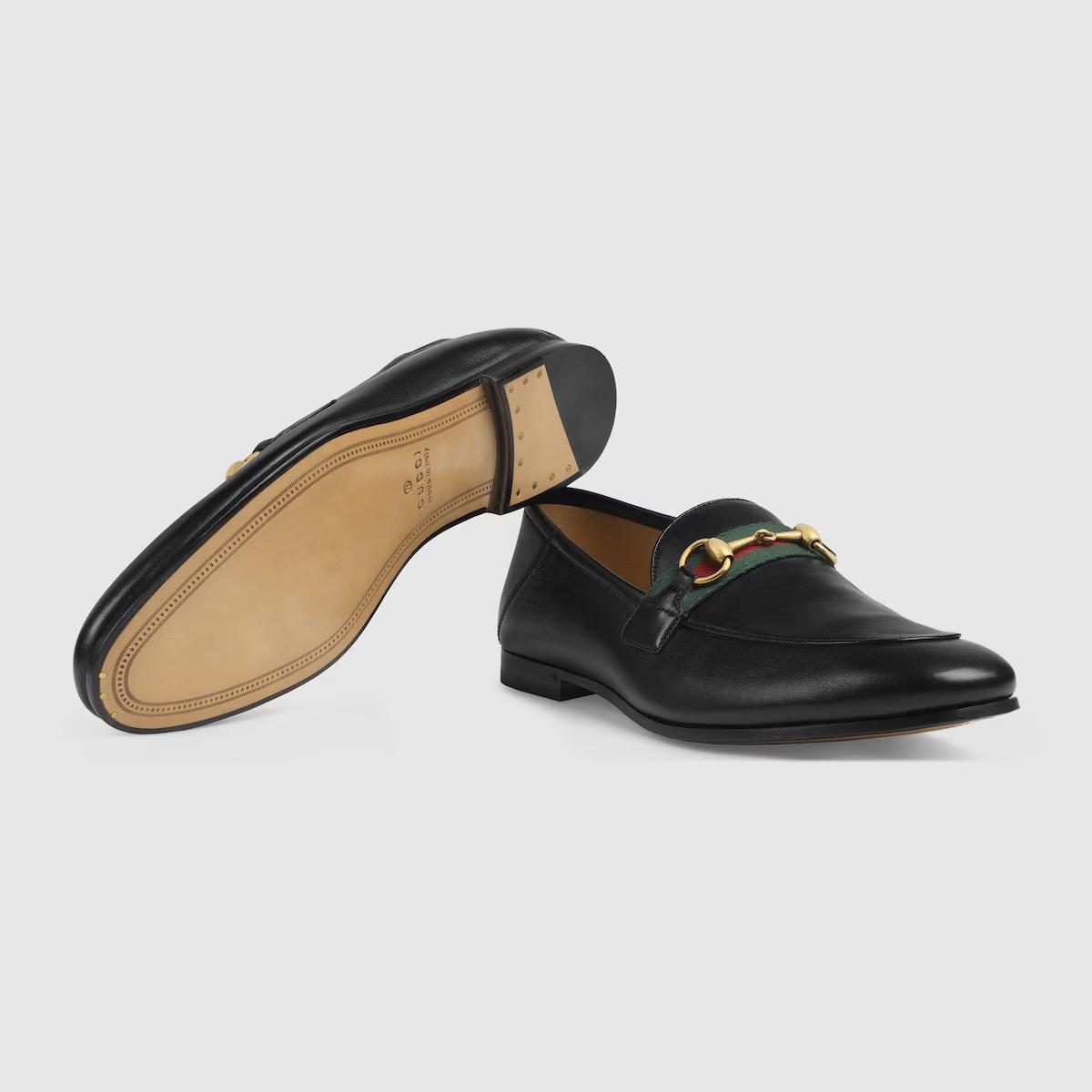 Giày Gucci Leather Horsebit Loafer With Web Nam Đen