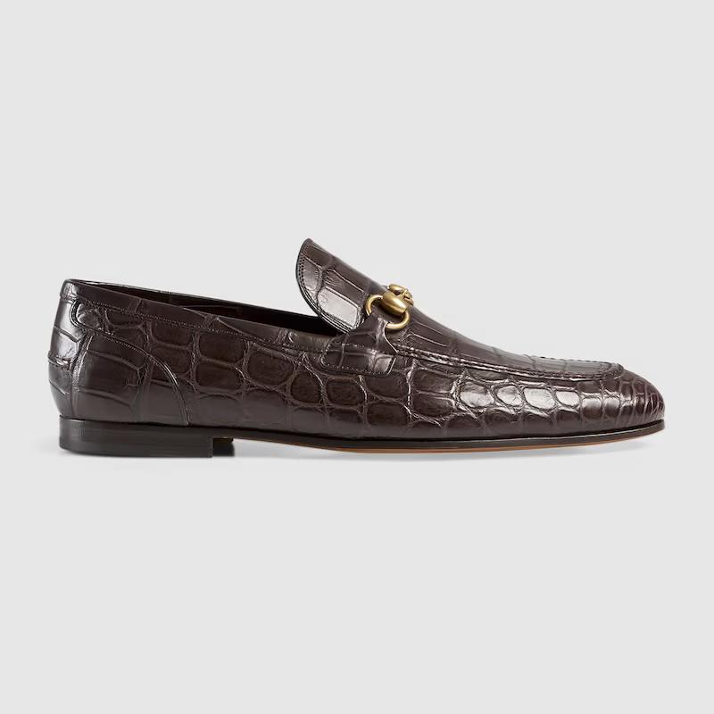 Giày Gucci Jordaan Crocodile Loafer Nam Nâu