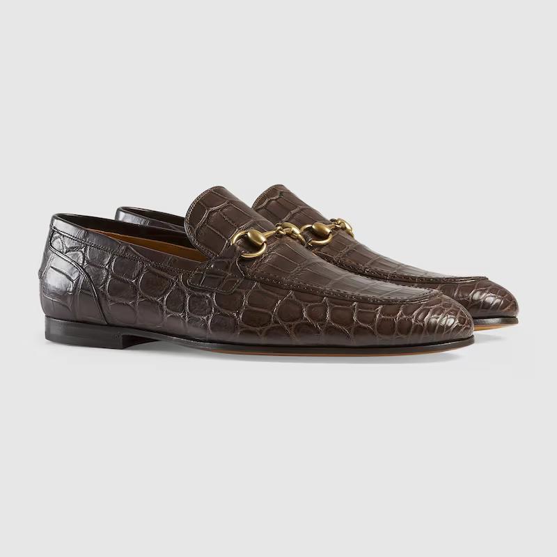 Giày Gucci Jordaan Crocodile Loafer Nam Nâu