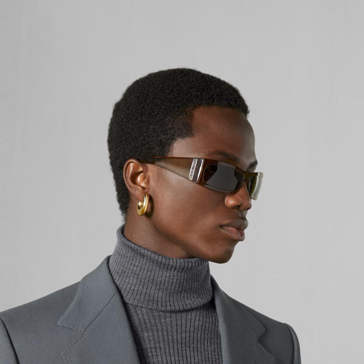 Kính Râm Gucci Nam Rectangular Frame Sunglasses Vàng Nâu