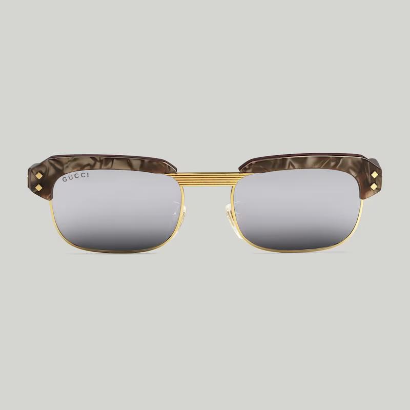 Kính Râm Gucci Nam Rectangular Frame Sunglasses Nâu Bạc