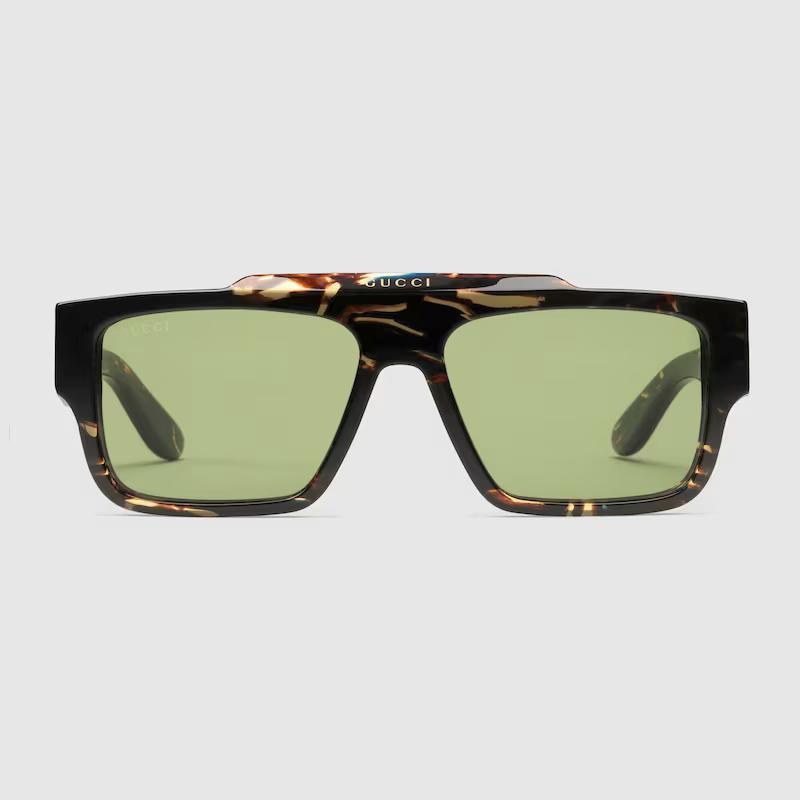 Kính Râm Gucci Nam Rectangular Frame Sunglasses Green Lens