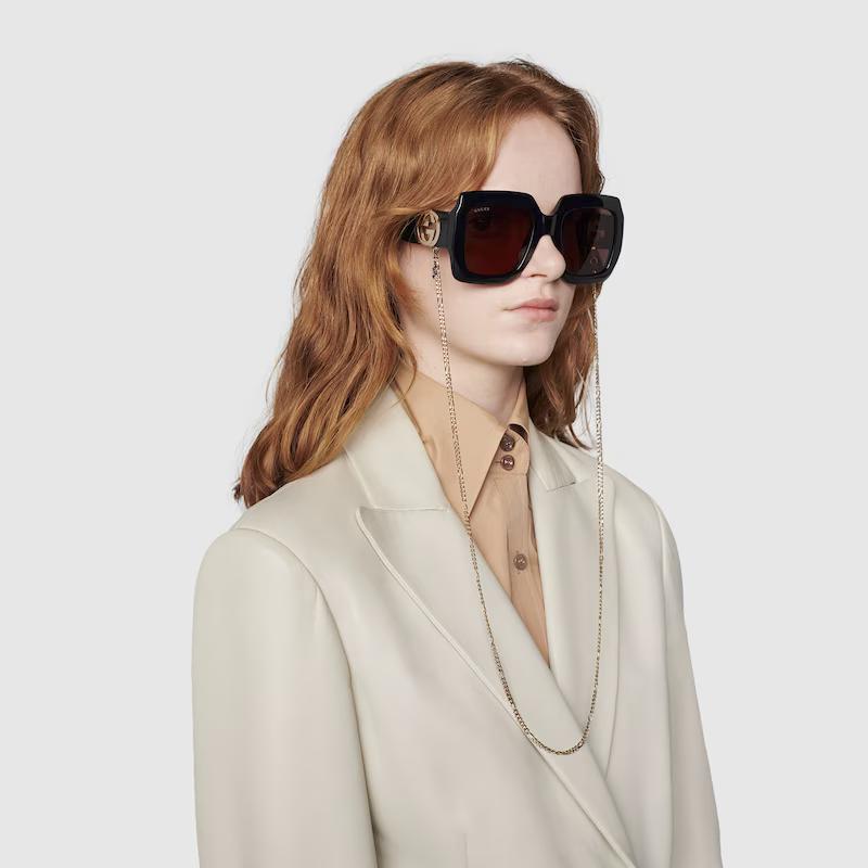 Kính Gucci Rectangular Sunglasses With Chain Nam Đen