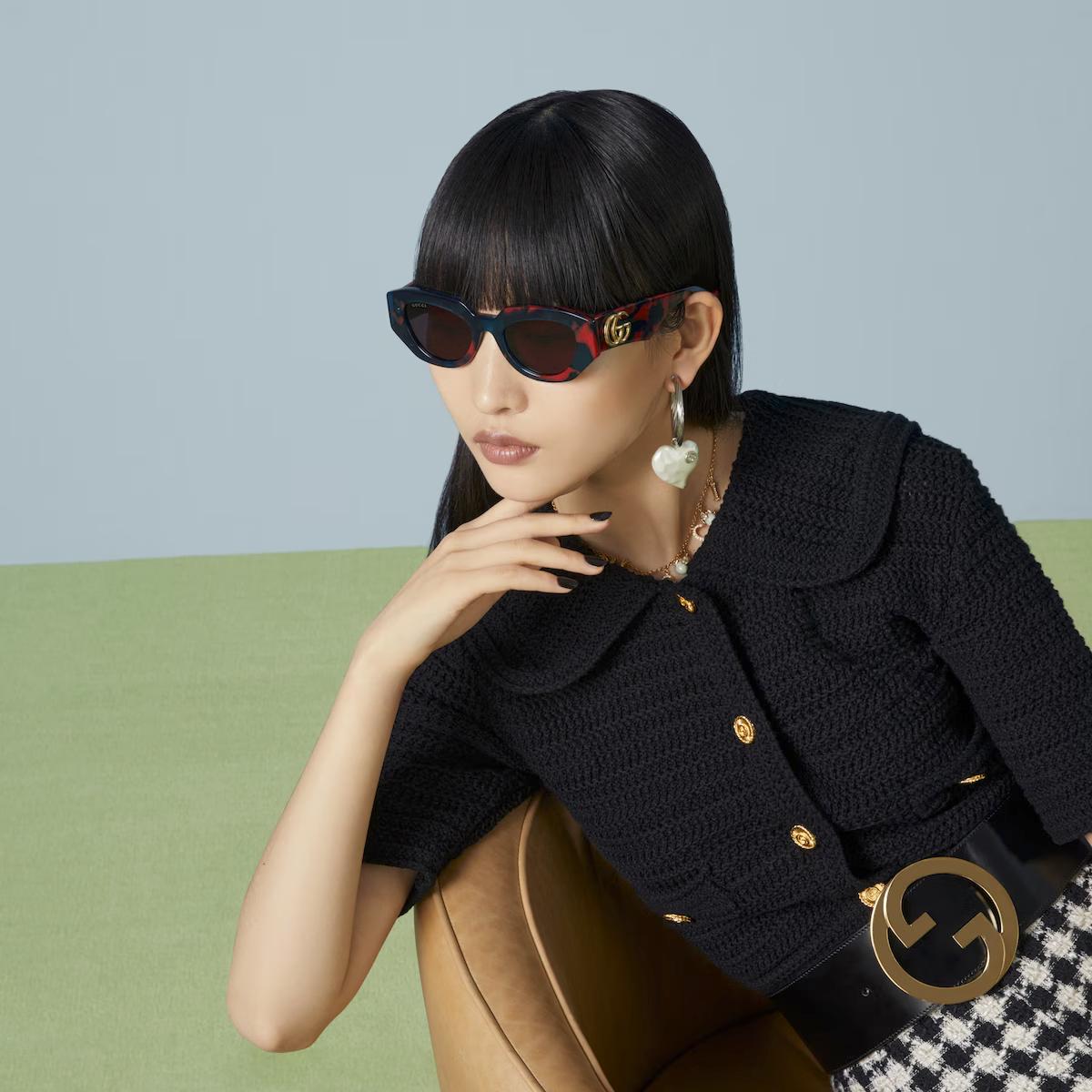 Kính Gucci Geometric-Frame Sunglasses Nữ Đỏ Xanh