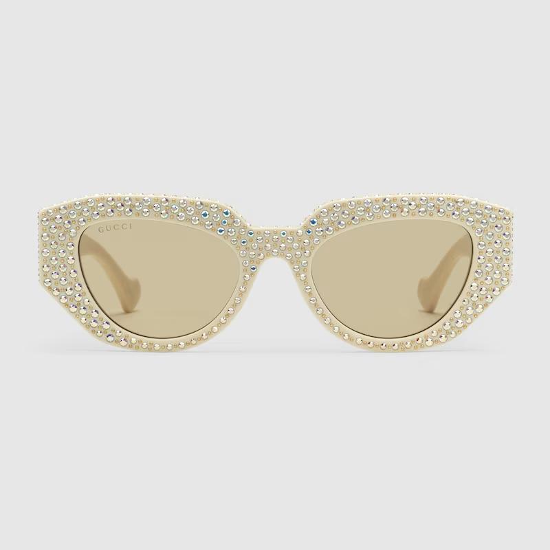 Kính Gucci Geometric-Frame Sunglasses Nữ Trắng Đính Đá