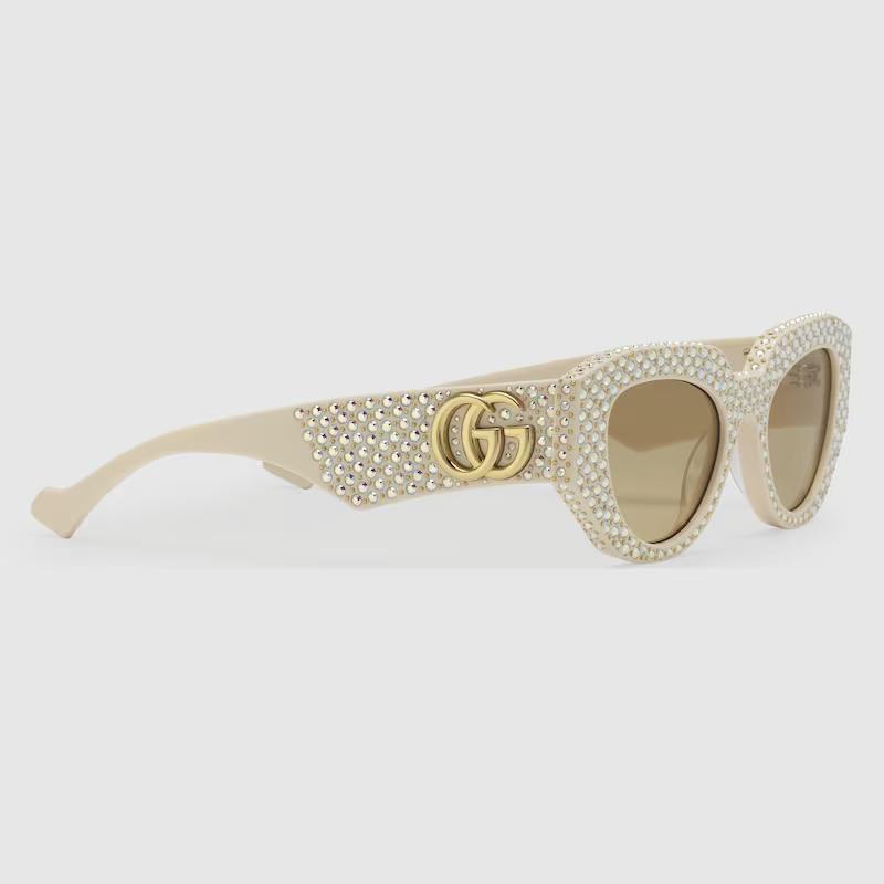 Kính Gucci Geometric-Frame Sunglasses Nữ Trắng Đính Đá