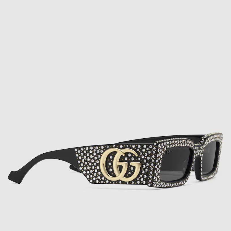 Kính Gucci Rectangular Frame Sunglasses Nữ Đen Đính Đá