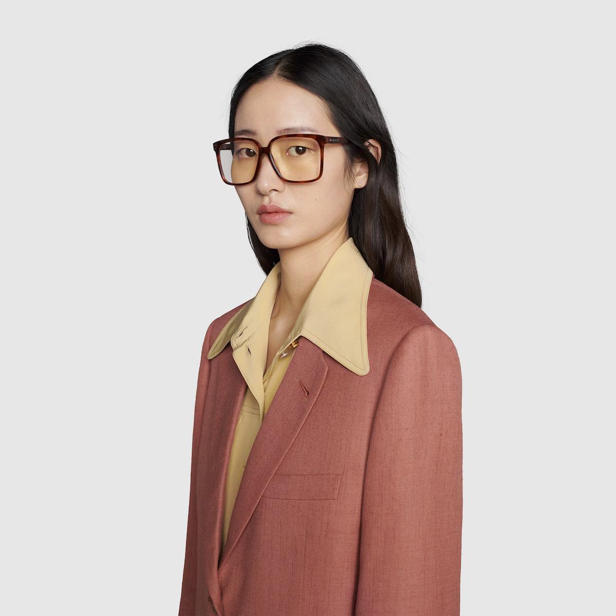 Kính Gucci Squared-Frame Sunglasses Yellow Lens Nữ Nâu Đen