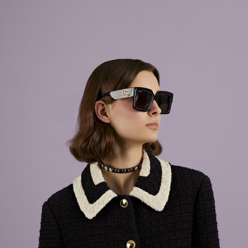 Kính Gucci Oversized Rectangular Sunglasses Nữ Đen Nâu