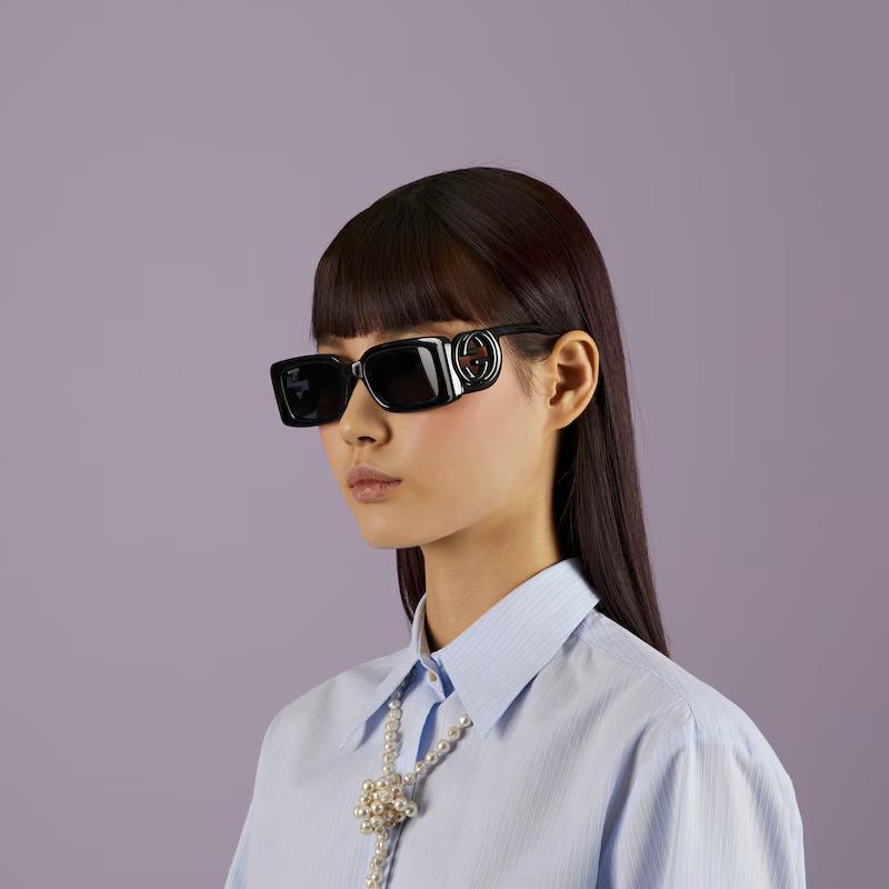 Kính Gucci Rectangular-Frame Sunglasses Nữ Đen Xám