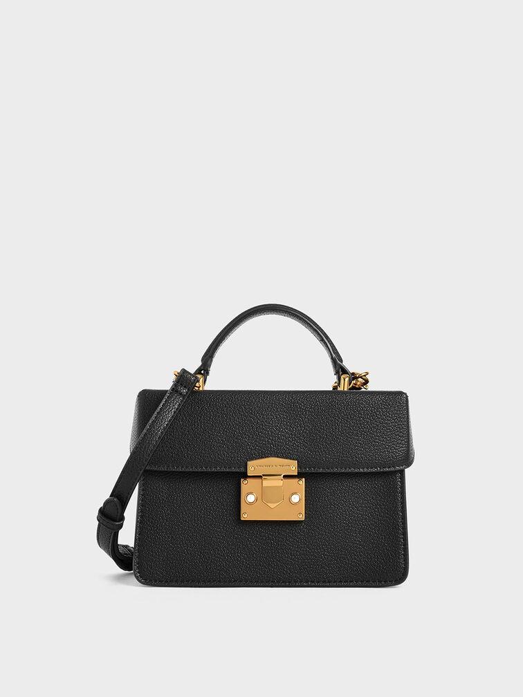 Túi Charles Keith Xách Hình Hộp Chữ Nhật Classic Push Lock Đen