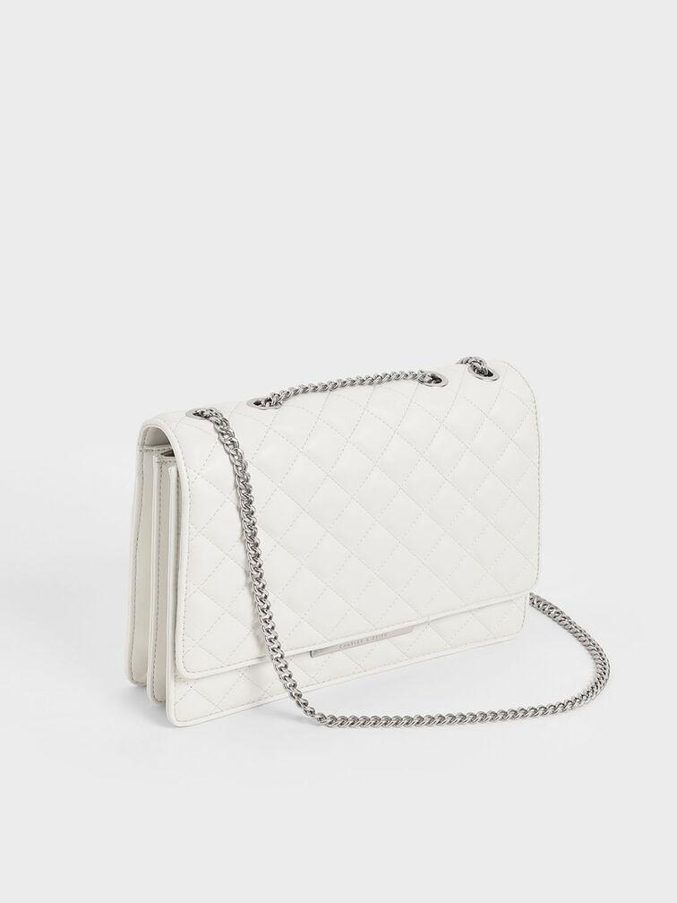 Túi Charles Keith Đeo Vai Phom Chữ Nhật Nắp Gập Quilted Chain Strap Trắng