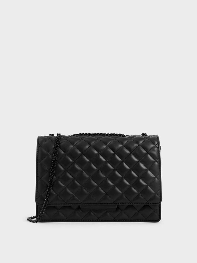 Túi Charles Keith Đeo Vai Phom Chữ Nhật Nắp Gập Quilted Chain Strap Đen Mờ