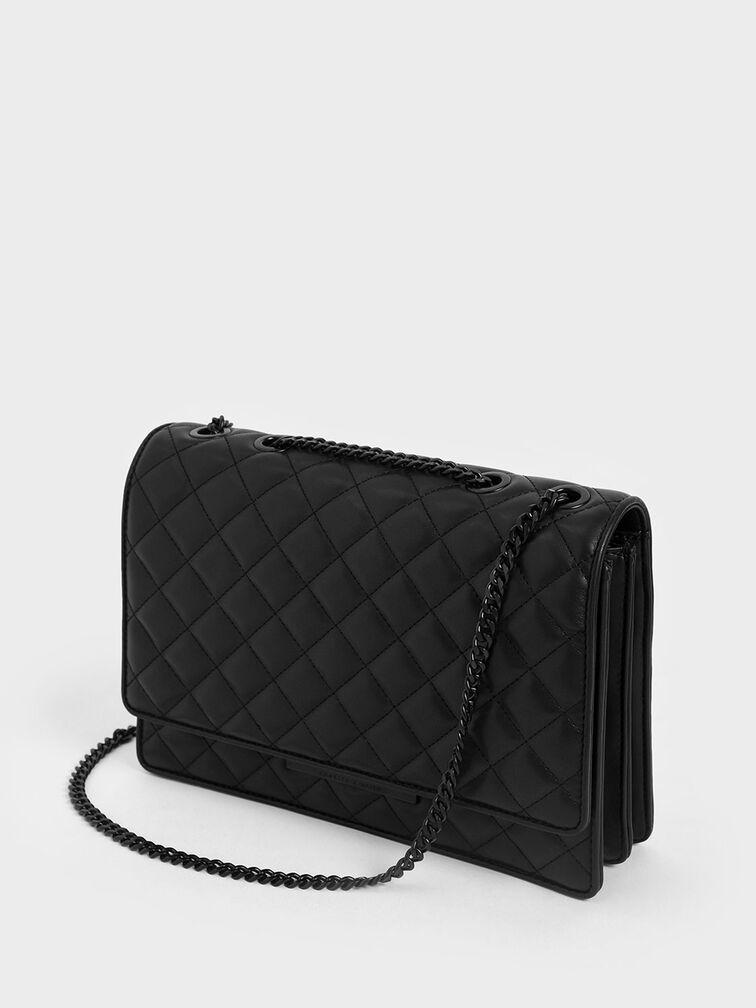 Túi Charles Keith Đeo Vai Phom Chữ Nhật Nắp Gập Quilted Chain Strap Đen Mờ