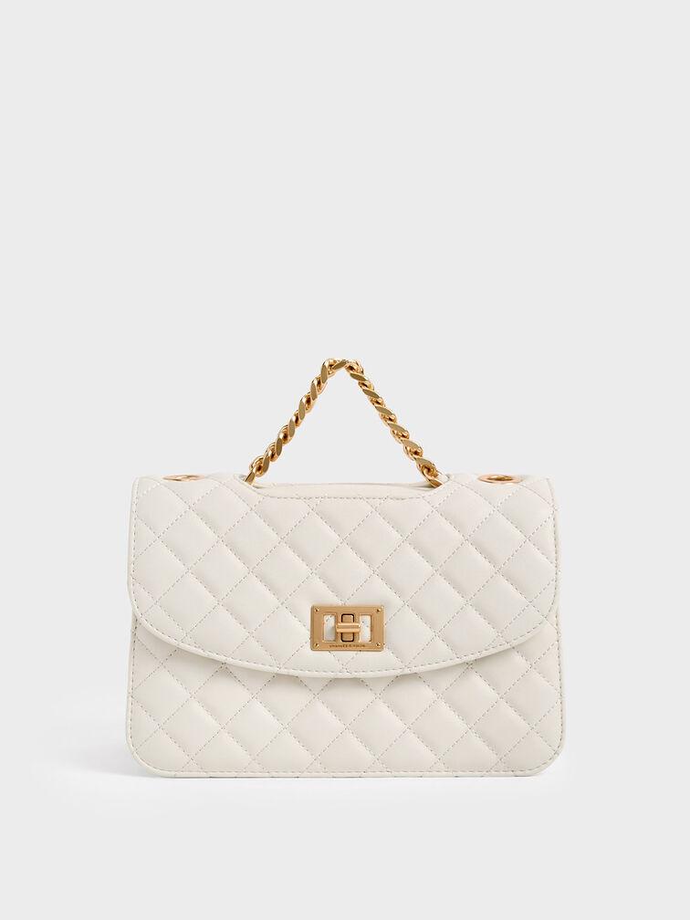 Túi Charles Keith Xách Phom Chữ Nhật Nắp Gập Quilted Kem