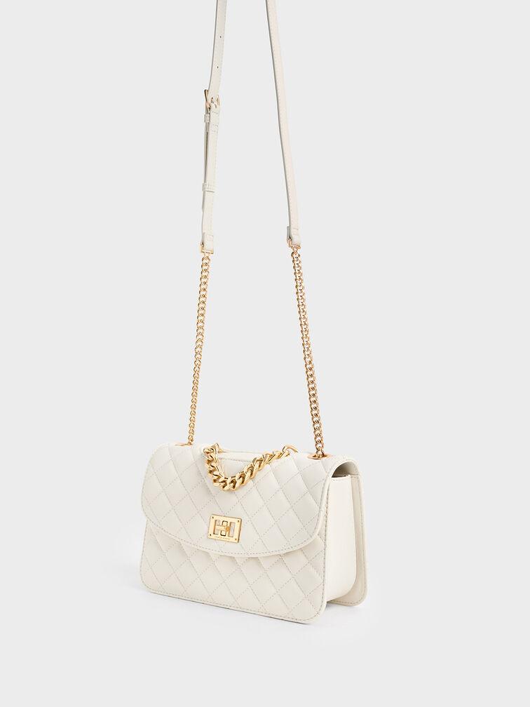 Túi Charles Keith Xách Phom Chữ Nhật Nắp Gập Quilted Kem