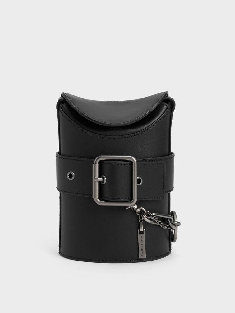 Túi Charles Keith Đeo Chéo Jules Leather Belted Bucket Đen