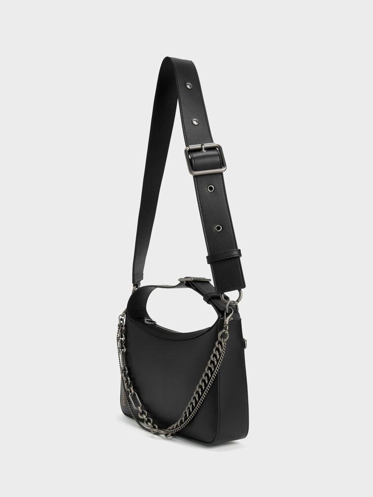 Túi Charles Keith Đeo Vai Chữ Nhật Jules Leather Chain-Embellished Đen