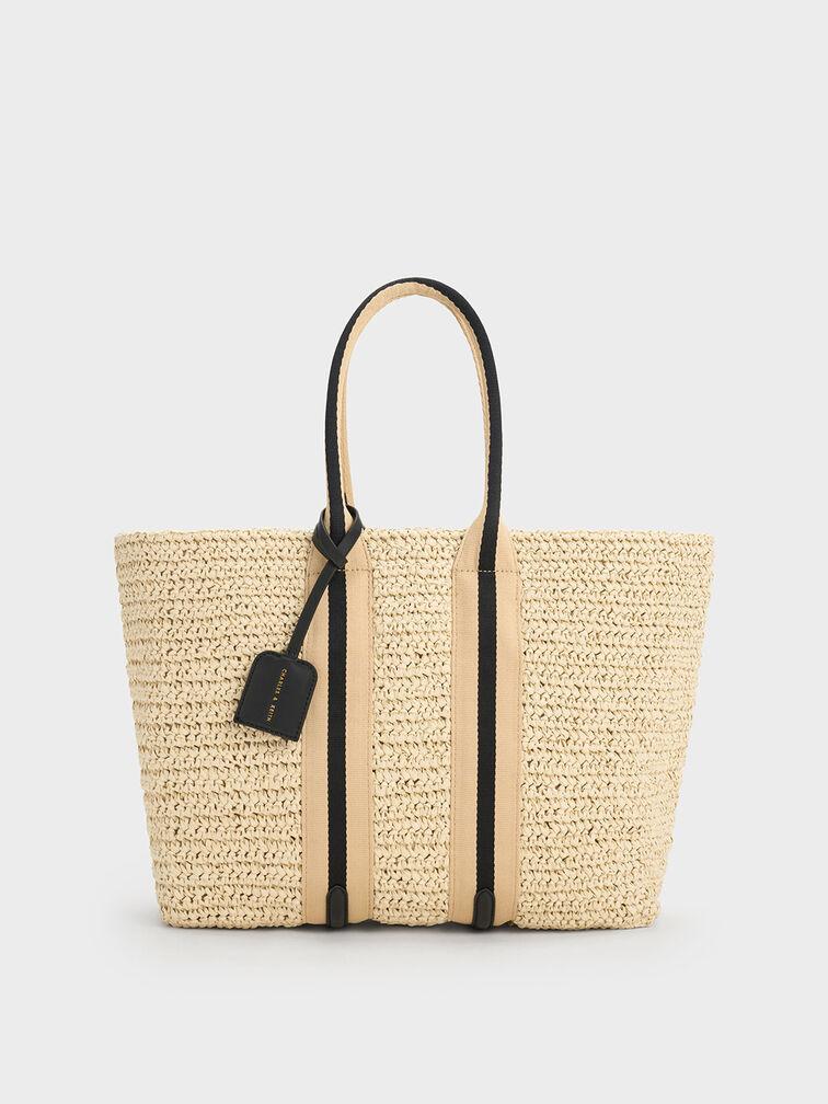 Túi Charles Keith Tote Cói Striped Handles Raffia Đen