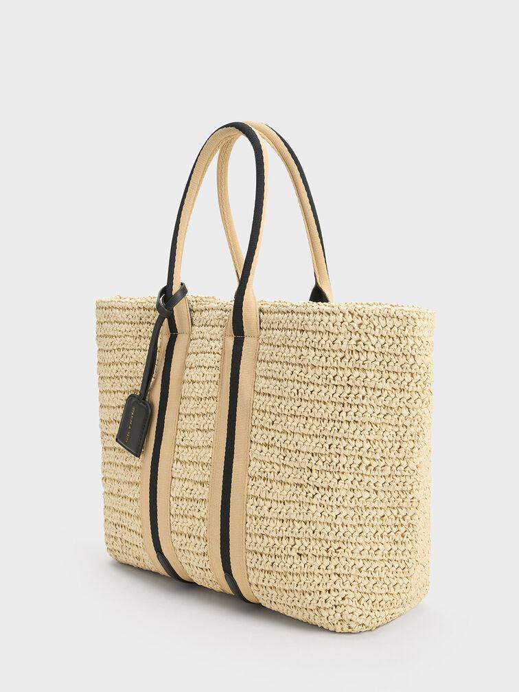 Túi Charles Keith Tote Cói Striped Handles Raffia Đen