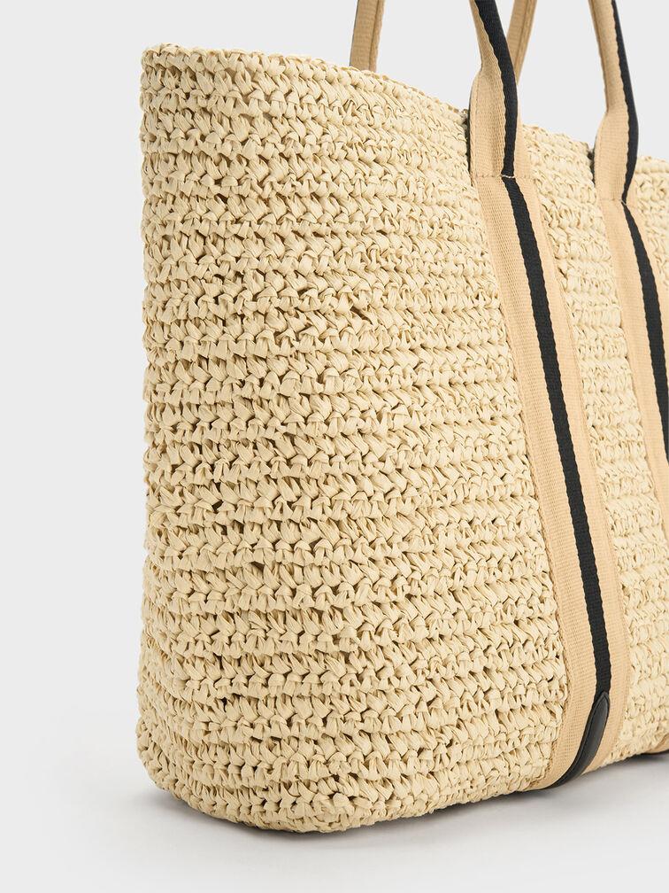 Túi Charles Keith Tote Cói Striped Handles Raffia Đen