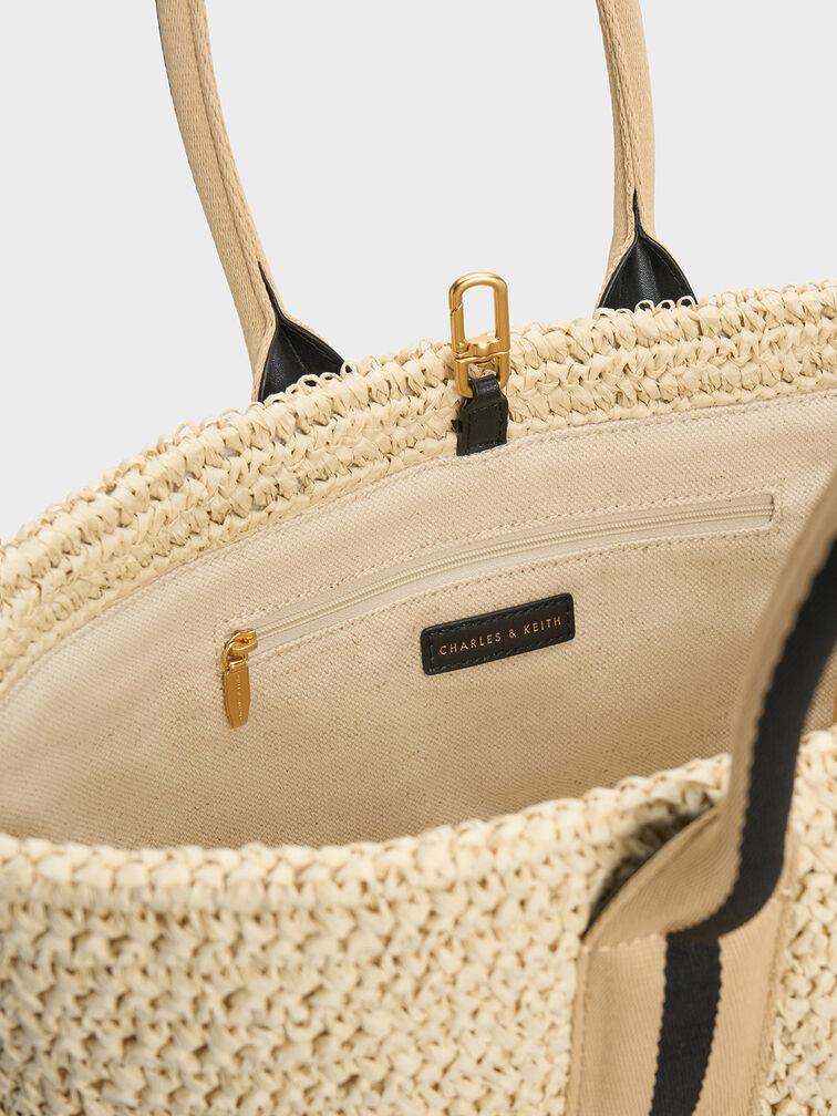 Túi Charles Keith Tote Cói Striped Handles Raffia Đen