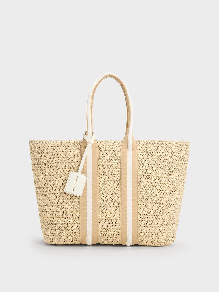 Túi Charles Keith Tote Cói Striped Handles Raffia Trắng