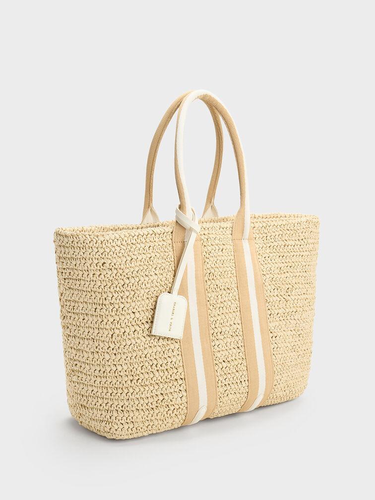 Túi Charles Keith Tote Cói Striped Handles Raffia Trắng