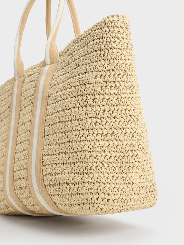 Túi Charles Keith Tote Cói Striped Handles Raffia Trắng