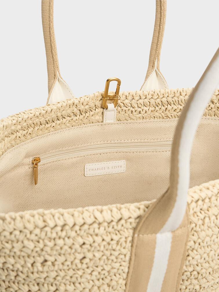 Túi Charles Keith Tote Cói Striped Handles Raffia Trắng