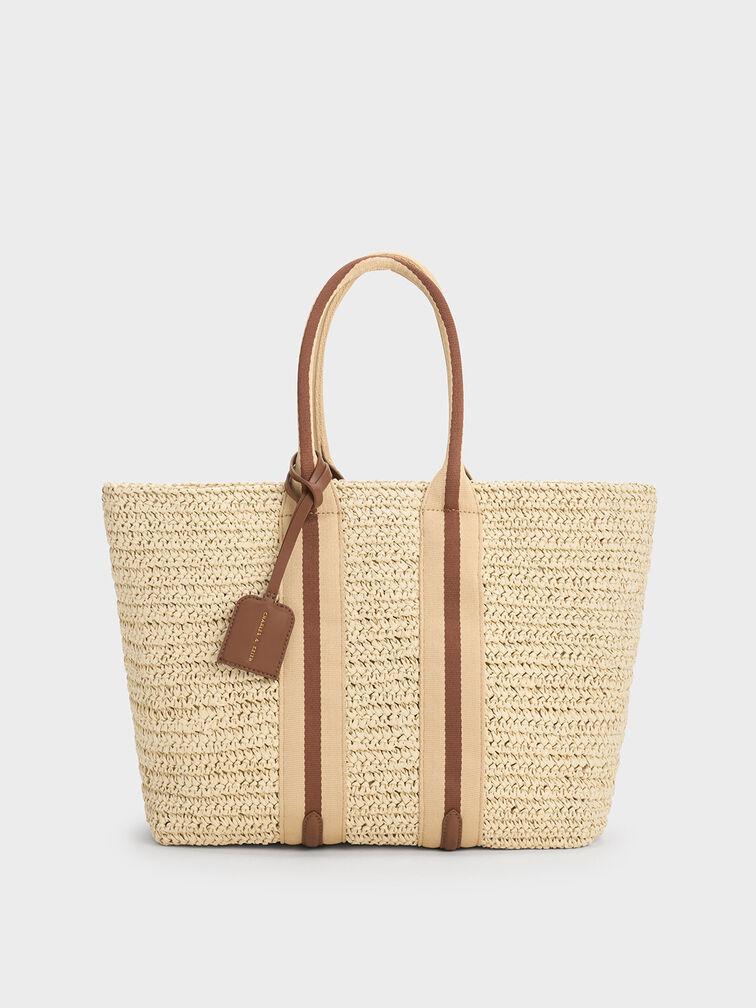 Túi Charles Keith Tote Cói Striped Handles Raffia Chocolate