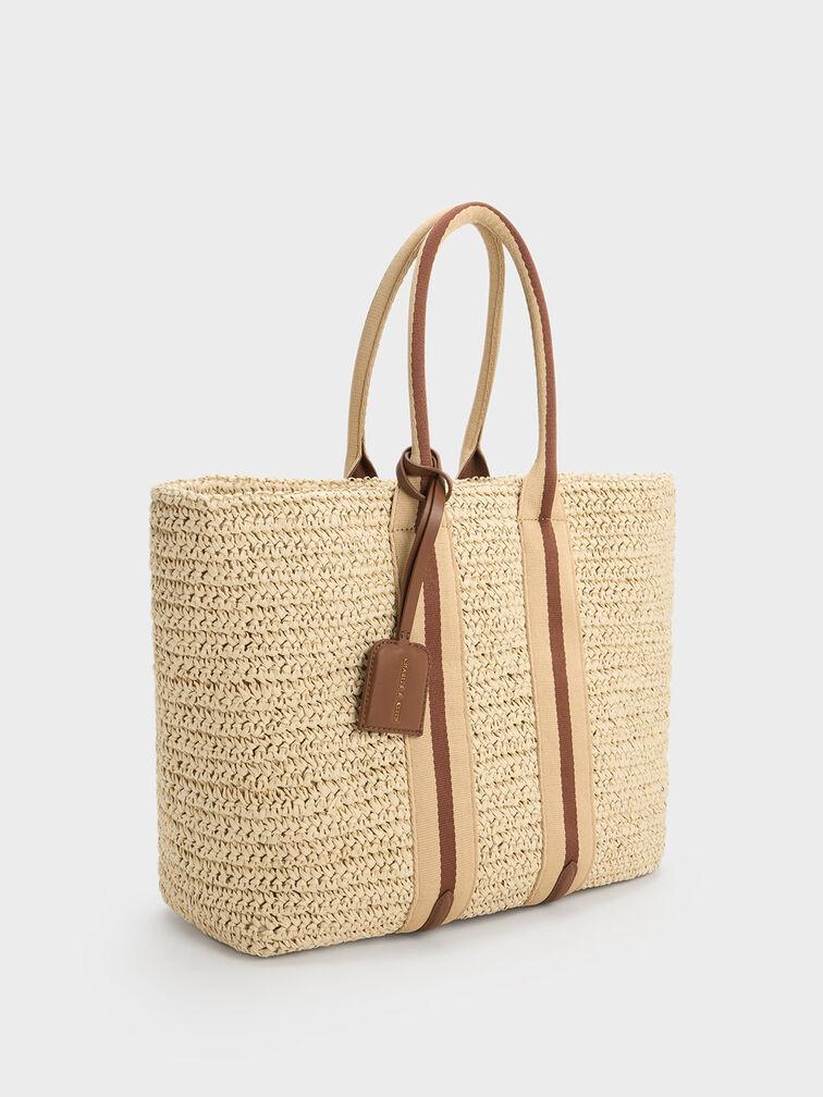 Túi Charles Keith Tote Cói Striped Handles Raffia Chocolate