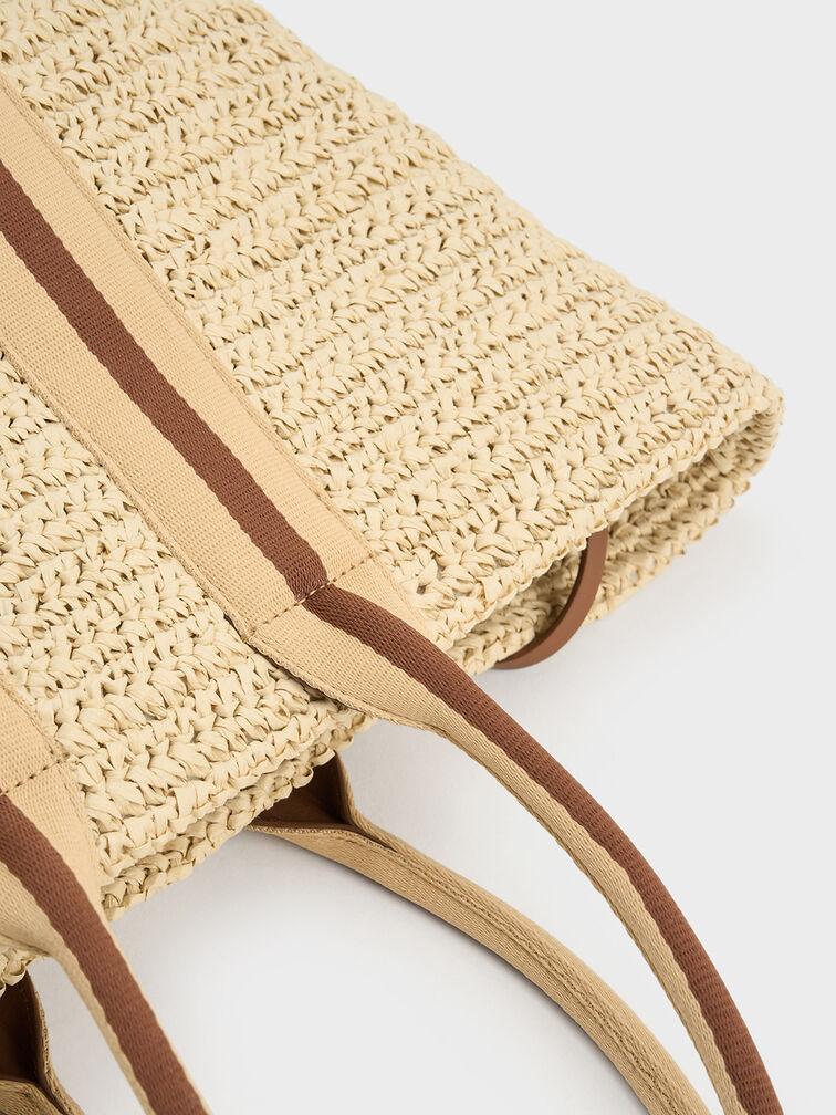 Túi Charles Keith Tote Cói Striped Handles Raffia Chocolate