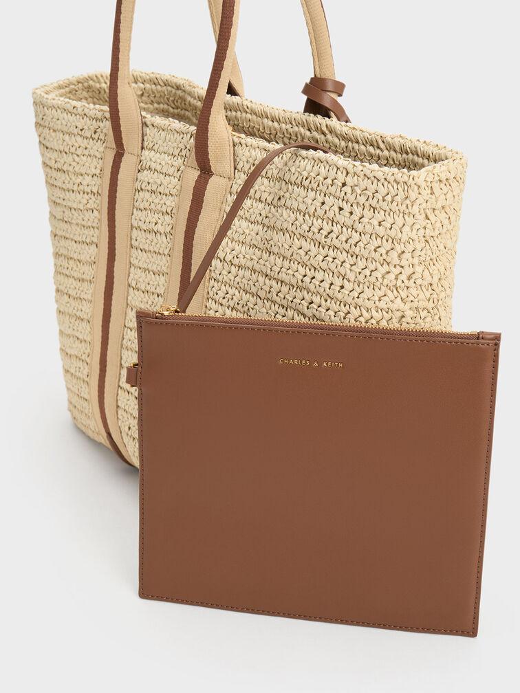 Túi Charles Keith Tote Cói Striped Handles Raffia Chocolate