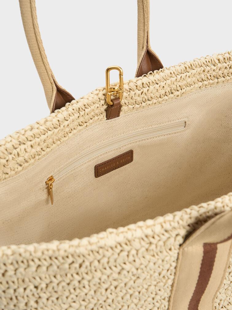 Túi Charles Keith Tote Cói Striped Handles Raffia Chocolate