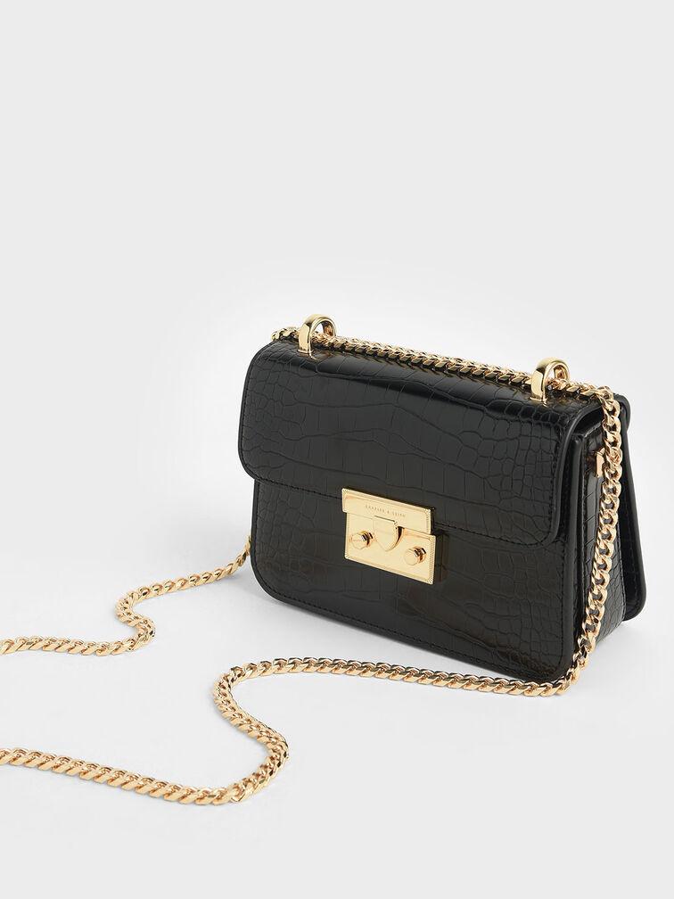 Túi Charles Keith Đeo Chéo Chữ Nhật Croc Effect Chain Strap Đen