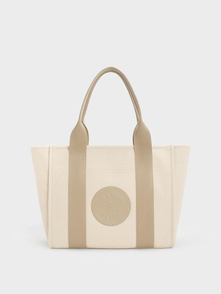 Túi Charles Keith Tote Hình Thang Large Canvas Contrast-Trim Nâu Xám