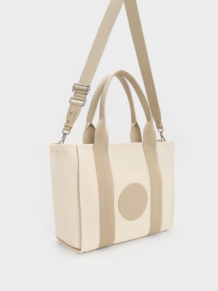 Túi Charles Keith Tote Hình Thang Large Canvas Contrast-Trim Nâu Xám