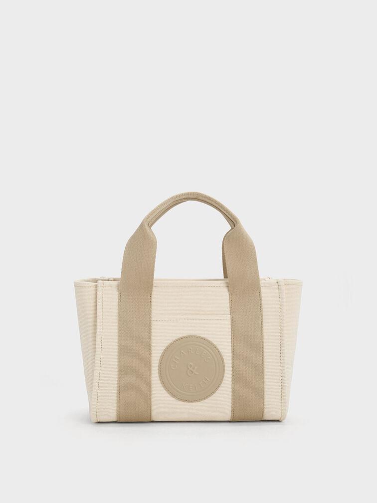 Túi Charles Keith Tote Hình Thang Canvas Contrast-Trim Nâu Xám