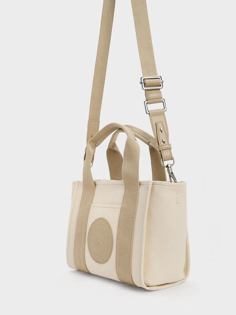 Túi Charles Keith Tote Hình Thang Canvas Contrast-Trim Nâu Xám