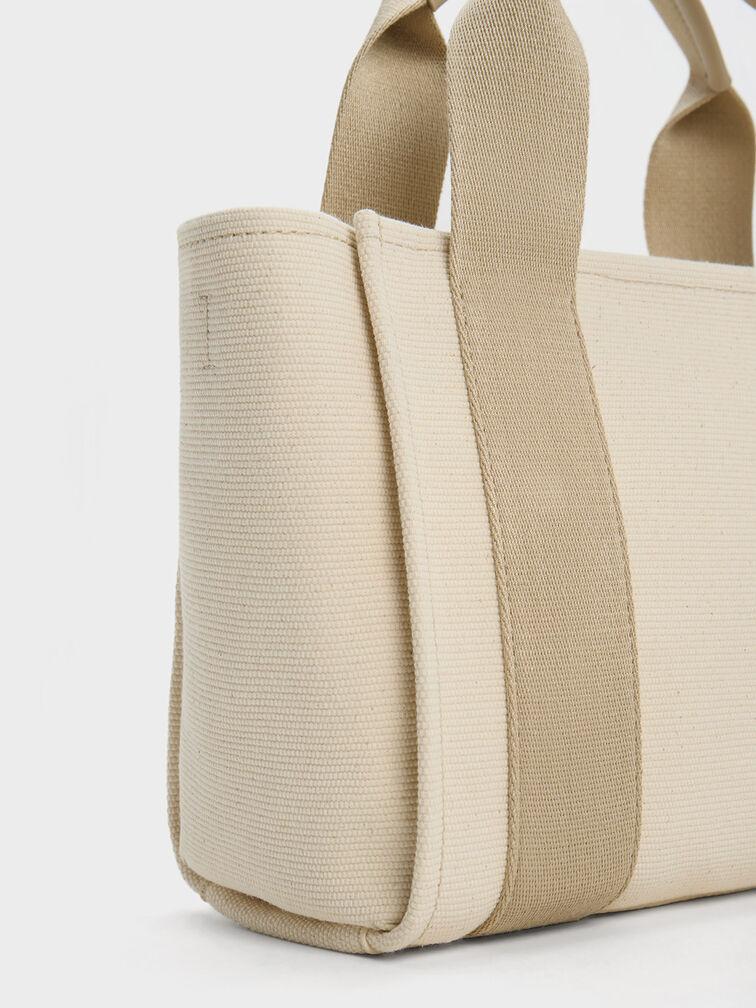 Túi Charles Keith Tote Hình Thang Canvas Contrast-Trim Nâu Xám