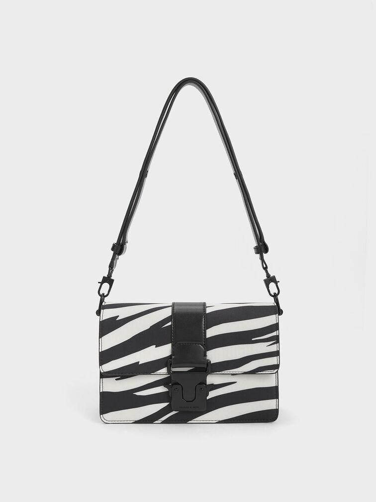 Túi Charles Keith Đeo Vai Zebra Print Push Lock Đen