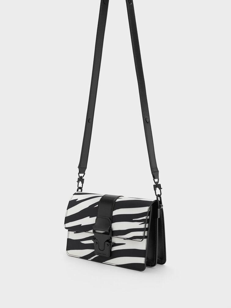 Túi Charles Keith Đeo Vai Zebra Print Push Lock Đen