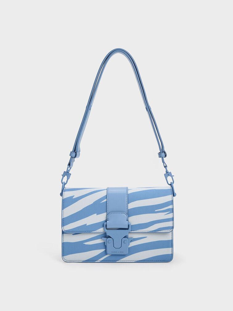 Túi Charles Keith Đeo Vai Zebra Print Push Lock Xanh Blue