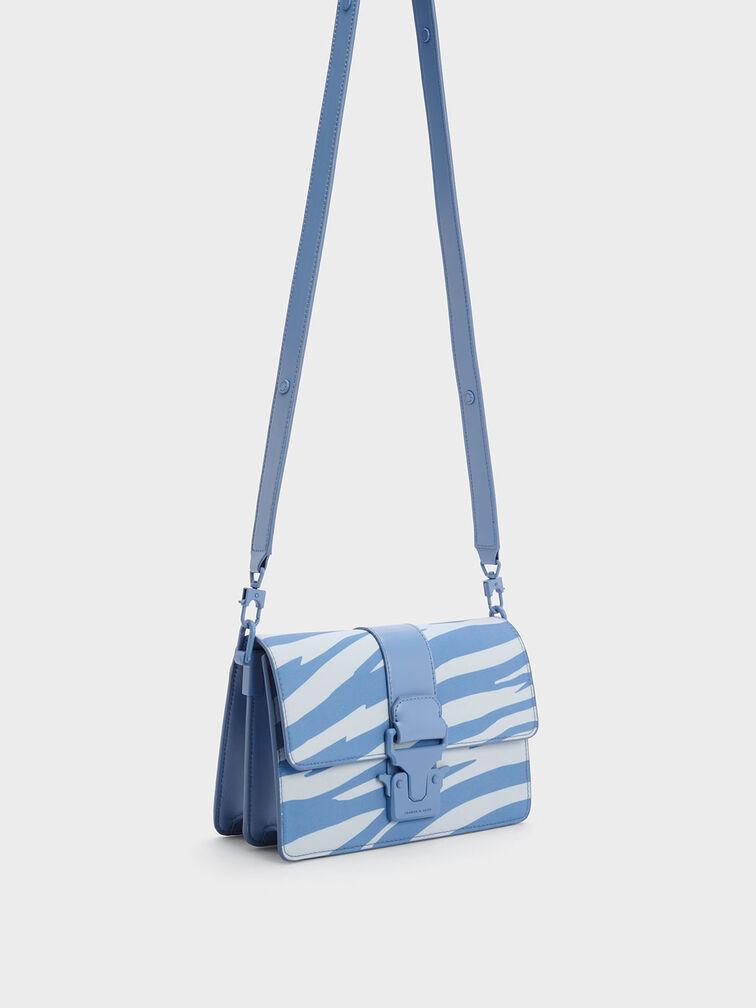 Túi Charles Keith Đeo Vai Zebra Print Push Lock Xanh Blue