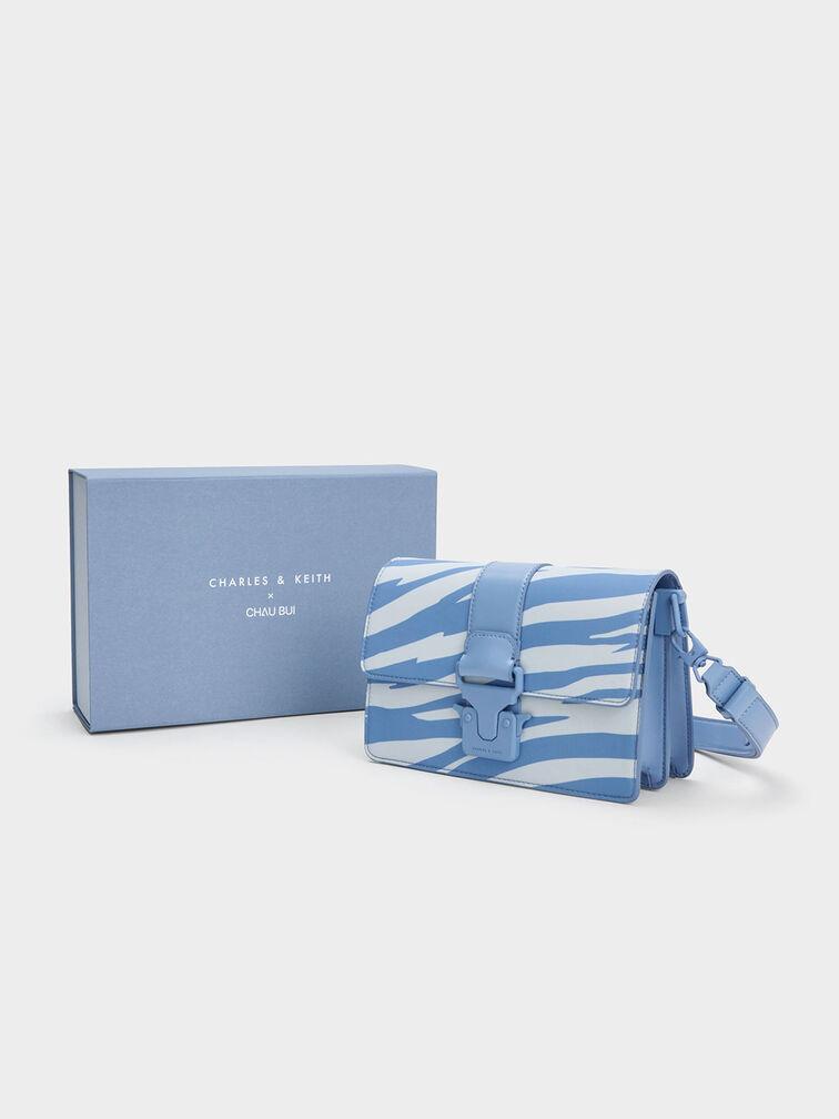 Túi Charles Keith Đeo Vai Zebra Print Push Lock Xanh Blue