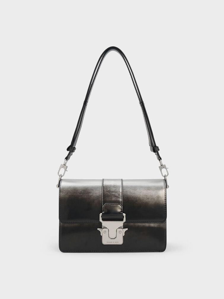 Túi Charles Keith Đeo Vai Chữ Nhật Burnished Push-Lock Bạc